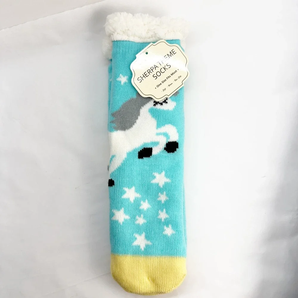 NWT Sherpa Theme Socks Unicorn Star Turquoise Blue Non-Slip Slipper Socks OSFM